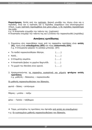 Εκπαιδευτήρια ΓΕΩΡΓΙΟΥ ΖΩΗ E΄ Δημοτικού
57
Παρατήρηση: Εκτός από την πρόταση, βασική μονάδα του λόγου είναι και η
περίοδος. Ενώ και η πρόταση και η περίοδος εκφράζουν ένα ολοκληρωμένο
νόημα, η μεν πρόταση περιλαμβάνει ένα μόνο ρήμα, η δε περίοδος περισσότερα
του ενός.
π.χ. Η Αναστασία ετοιμάζει την τσάντα της. (πρόταση)
Η Αναστασία ετοιμάζει την τσάντα της και η Στέλλα την παρακολουθεί.(περίοδος)
Ασκήσεις εμπέδωσης
1. Σημειώνω στις παρενθέσεις ποιες από τις παρακάτω προτάσεις είναι απλές
(Α), ποιες είναι επαυξημένες (ΕΠ) και ποιες ελλειπτικές (ΕΛ).
π.χ. Η Σταυρούλα φόρεσε τη γαλάζια μπλούζα. (ΕΠ)
 Τα παιδιά παρακολούθησαν θέατρο. (………)
 Καλά… (………)
 Ο Σταμάτης κοιμάται. (……..)
 Η Αναστασία βρήκε το χαμένο δαχτυλίδι. (………)
 Το χωριό του Θανάση είναι ορεινό. (………)
2. Χρησιμοποιώντας τα παρακάτω ουσιαστικά και ρήματα φτιάχνω απλές
προτάσεις:
π.χ. μαθητές – δάσκαλος – παρακολουθώ
Οι μαθητές παρακολουθούσαν τον δάσκαλο.
φωτιά – δάσος – απλώνομαι
_______________________________________________________________
Μάριος – μπάλα - παίζω
_______________________________________________________________
φίλοι - Γαλλία – ταξίδεψαν
_______________________________________________________________
 Τώρα, μετατρέπω τις προτάσεις που έφτιαξα από απλές σε επαυξημένες:
π.χ. Οι νυσταγμένοι μαθητές παρακολουθούσαν τον δάσκαλο.
_______________________________________________________________
 