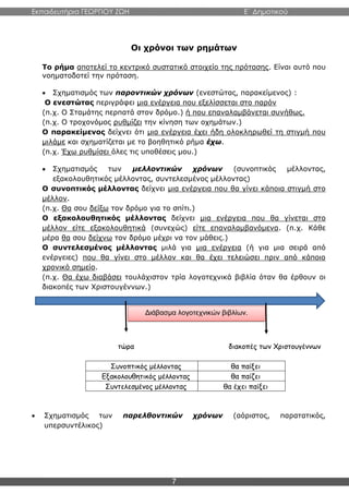 Εκπαιδευτήρια ΓΕΩΡΓΙΟΥ ΖΩΗ E΄ Δημοτικού
7
Οι χρόνοι των ρημάτων
Το ρήμα αποτελεί το κεντρικό συστατικό στοιχείο της πρότασης. Είναι αυτό που
νοηματοδοτεί την πρόταση.
 Σχηματισμός των παροντικών χρόνων (ενεστώτας, παρακείμενος) :
Ο ενεστώτας περιγράφει μια ενέργεια που εξελίσσεται στο παρόν
(π.χ. Ο Σταμάτης περπατά στον δρόμο.) ή που επαναλαμβάνεται συνήθως.
(π.χ. Ο τροχονόμος ρυθμίζει την κίνηση των οχημάτων.)
Ο παρακείμενος δείχνει ότι μια ενέργεια έχει ήδη ολοκληρωθεί τη στιγμή που
μιλάμε και σχηματίζεται με το βοηθητικό ρήμα έχω.
(π.χ. Έχω ρυθμίσει όλες τις υποθέσεις μου.)
 Σχηματισμός των μελλοντικών χρόνων (συνοπτικός μέλλοντας,
εξακολουθητικός μέλλοντας, συντελεσμένος μέλλοντας)
Ο συνοπτικός μέλλοντας δείχνει μια ενέργεια που θα γίνει κάποια στιγμή στο
μέλλον.
(π.χ. Θα σου δείξω τον δρόμο για το σπίτι.)
Ο εξακολουθητικός μέλλοντας δείχνει μια ενέργεια που θα γίνεται στο
μέλλον είτε εξακολουθητικά (συνεχώς) είτε επαναλαμβανόμενα. (π.χ. Κάθε
μέρα θα σου δείχνω τον δρόμο μέχρι να τον μάθεις.)
Ο συντελεσμένος μέλλοντας μιλά για μια ενέργεια (ή για μια σειρά από
ενέργειες) που θα γίνει στο μέλλον και θα έχει τελειώσει πριν από κάποιο
χρονικό σημείο.
(π.χ. Θα έχω διαβάσει τουλάχιστον τρία λογοτεχνικά βιβλία όταν θα έρθουν οι
διακοπές των Χριστουγέννων.)
τώρα διακοπές των Χριστουγέννων
Συνοπτικός μέλλοντας θα παίξει
Εξακολουθητικός μέλλοντας θα παίζει
Συντελεσμένος μέλλοντας θα έχει παίξει
 Σχηματισμός των παρελθοντικών χρόνων (αόριστος, παρατατικός,
υπερσυντέλικος)
Διάβασμα λογοτεχνικών βιβλίων.
 