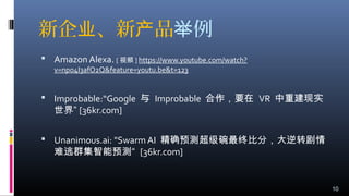 新企 、新 品业 产 例举
 Amazon Alexa. [ 视频 ] https://www.youtube.com/watch?
v=npo4I3afO2Q&feature=youtu.be&t=123
 Improbable:“Google 与 Improbable 合作，要在 VR 中重建现实
世界” [36kr.com]
 Unanimous.ai: "Swarm AI 精确预测超级碗最终比分，大逆转剧情
难逃群集智能预测“ [36kr.com]
10
 