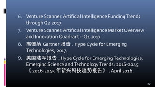 6. Venture Scanner. Artificial Intelligence FundingTrends
through Q2 2017.
7. Venture Scanner. Artificial Intelligence Market Overview
and Innovation Quadrant – Q1 2017.
8. 高德纳 Gartner 报告 . Hype Cycle for Emerging
Technologies, 2017.
9. 美国陆军报告 . Hype Cycle for EmergingTechnologies,
Emerging Science andTechnologyTrends: 2016-2045
《 2016-2045 年新兴科技趋势报告》 . April 2016.
22
 