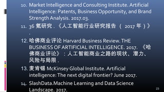 10. Market Intelligence and Consulting Institute. Artificial
Intelligence: Patents, Business Opportunity, and Brand
Strength Analysis. 2017.03.
11. 36 氪研究 . 《人工智能行业研究报告 （ 2017 年）》
.
12. 哈佛商业评论 Harvard Business Review.THE
BUSINESS OF ARTIFICIAL INTELLIGENCE. 2017. 《哈
佛商业评论》：人工智能商业之路的现状、潜力、
风险与局限 .
13. 麦肯锡 McKinsey Global Institute. Artificial
intelligence:The next digital frontier? June 2017.
14. SlashData.Machine Learning and Data Science
Landscape. 2017. 23
 