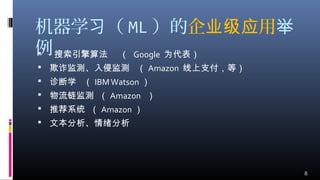 机器学 （习 ML ）的企 用业级应 举
例   搜索引擎算法 （ Google 为代表）
 欺诈监测、入侵监测 （ Amazon 线上支付，等）
 诊断学 （ IBMWatson ）
 物流链监测 （ Amazon ）
 推荐系统 （ Amazon ）
 文本分析、情绪分析
8
 