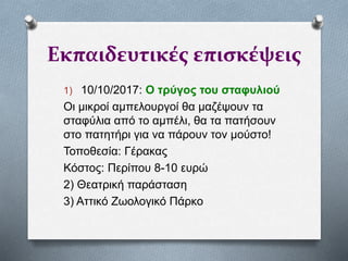Εκπαιδευτικές επισκέψεις
1) 10/10/2017: Ο τρύγος του σταφυλιού
Οι μικροί αμπελουργοί θα μαζέψουν τα
σταφύλια από το αμπέλι, θα τα πατήσουν
στο πατητήρι για να πάρουν τον μούστο!
Τοποθεσία: Γέρακας
Κόστος: Περίπου 8-10 ευρώ
2) Θεατρική παράσταση
3) Αττικό Ζωολογικό Πάρκο
 