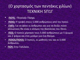 (Ο χορτασμός των πεντάκις χιλίων)
ΤΕΧΝΙΚΗ 5Π1Γ
• ΠΟΤΕ; Πλησίαζε Πάσχα.
• ΠΟΙΟ; Η τροφή στους 5.000 ανθρώπους από τον Ιησού.
• ΓΙΑΤΙ; Για να φάνε οι άνθρωποι και για να δείξει πόσο
αλλιώτικος θα είναι ο κόσμος της βασιλείας του Θεού.
• ΠΩΣ; Ο Ιησούς χόρτασε τους 5.000 ανθρώπους με 5 ψωμιά
και 2 ψάρια και έτσι μιλάμε για ένα θαύμα.
• ΠΟΙΟΣ/ΠΟΙΟΙ; Ο Ιησούς, οι μαθητές του και οι 5.000
άνθρωποι.
• ΠΟΥ; Στην Γαλιλαία.
 