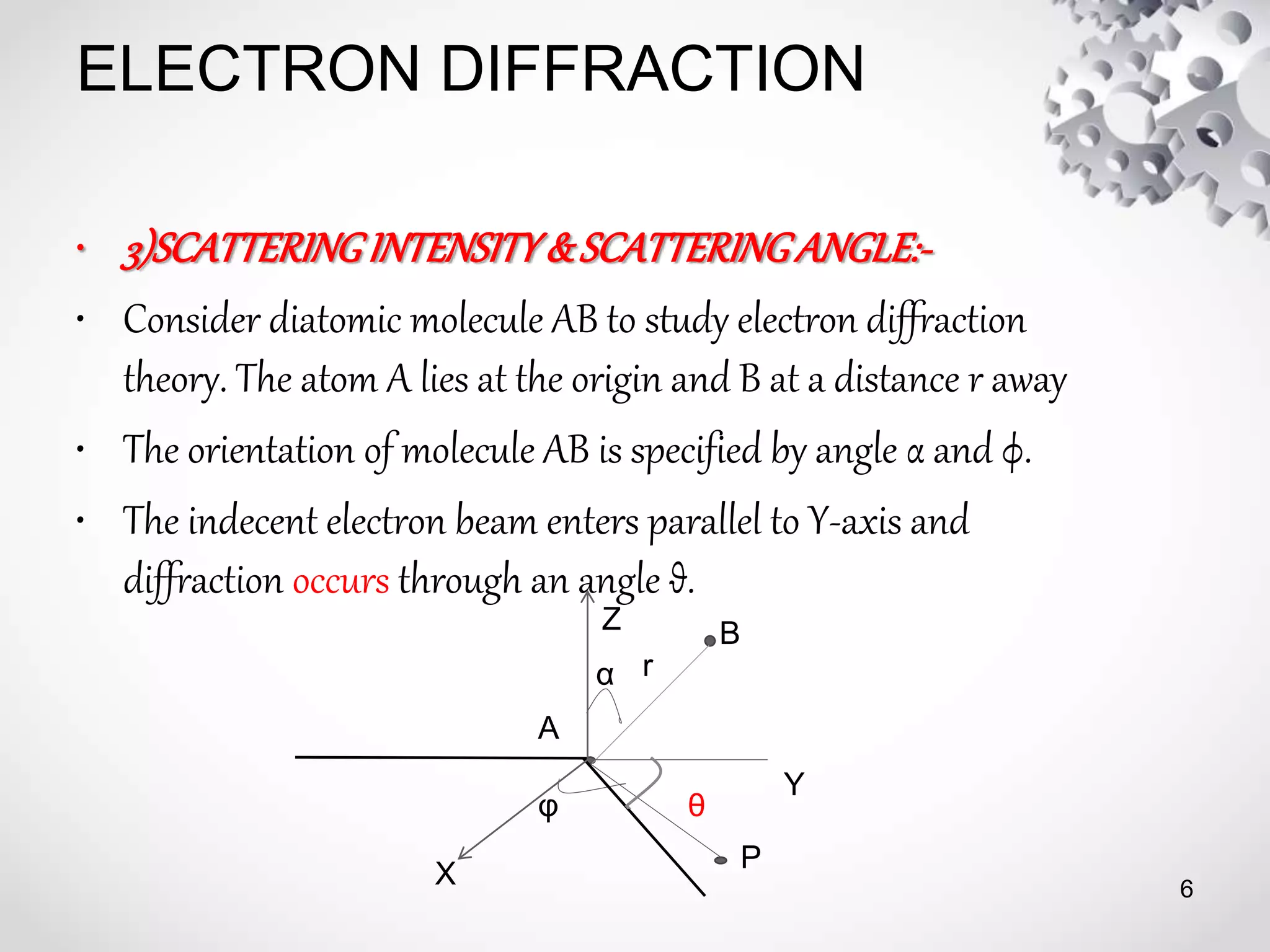 ELECTRON DIFFRACTION
• 3)SCATTERINGINTENSITY&SCATTERINGANGLE:-
• Consider diatomic molecule AB to study electron diffraction
theory. The atom A lies at the origin and B at a distance r away
• The orientation of molecule AB is specified by angle α and φ.
• The indecent electron beam enters parallel to Y-axis and
diffraction occurs through an angle θ.
6
B
rα
P
φ
Z
X
Y
A
θ
 