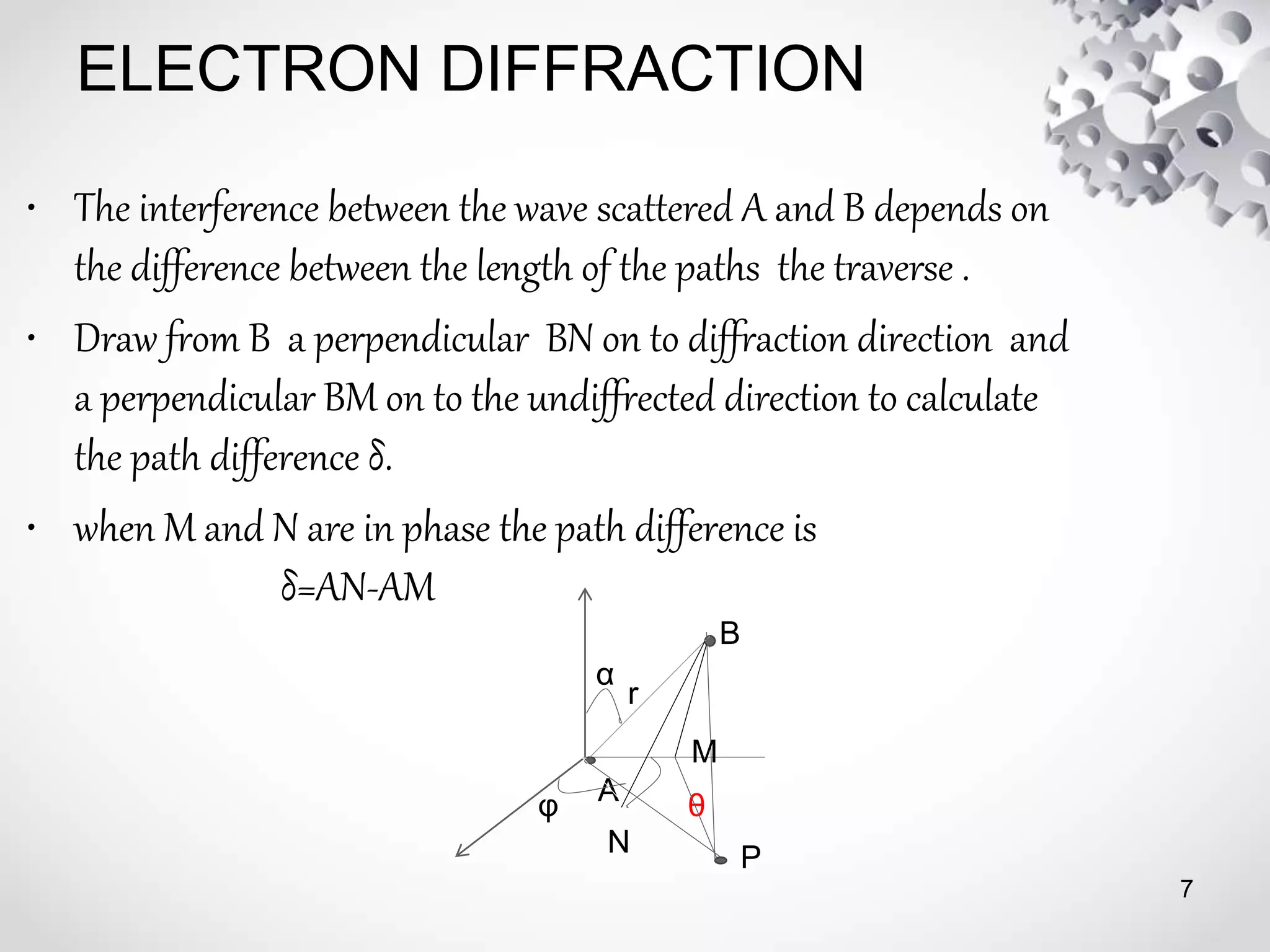 ELECTRON DIFFRACTION
• The interference between the wave scattered A and B depends on
the difference between the length of the paths the traverse .
• Draw from B a perpendicular BN on to diffraction direction and
a perpendicular BM on to the undiffrected direction to calculate
the path difference δ.
• when M and N are in phase the path difference is
δ=AN-AM
7
A
B
r
P
α
φ θ
N
M
 