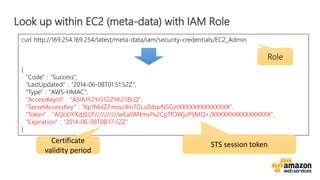 v
Look up within EC2 (meta-data) with IAM Role
curl http://169.254.169.254/latest/meta-data/iam/security-credentials/EC2_Admin
{
"Code" : "Success",
"LastUpdated" : "2014-06-08T01:51:52Z",
"Type" : "AWS-HMAC",
"AccessKeyId" : "ASIAJY2YJ5S2ZYK25BLQ",
"SecretAccessKey" : "Kp1NblZ7mov/4ln7GLu8dqvN5GztXXXXXXXXXXXXXX",
"Token" : "AQoDYXdzELP//////////wEa0ANmvPx2CpTfOWjuPSMQ+/XXXXXXXXXXXXXXXX",
"Expiration" : "2014-06-08T08:17:52Z"
}
Role
STS session tokenCertificate
validity period
 