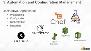3. Automation and Configuration Management
Declarative Approach to:
• Provisioning
• Configuration
• Orchestration
• Reporting
Elastic
Beanstalk
CloudFormation
OpsWorks
 