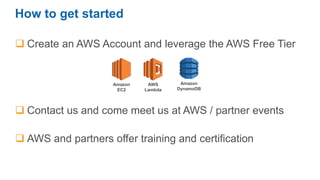How to get started
Create an AWS Account and leverage the AWS Free Tier
Contact us and come meet us at AWS / partner events
AWS and partners offer training and certification
Amazon
EC2
AWS
Lambda
Amazon
DynamoDB
 