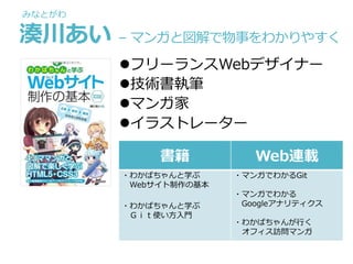 湊川あい – マンガと図解で物事をわかりやすく
フリーランスWebデザイナー
技術書執筆
マンガ家
イラストレーター
書籍 Web連載
・わかばちゃんと学ぶ
Webサイト制作の基本
・わかばちゃんと学ぶ
Ｇｉｔ使い方入門
・マンガでわかるGit
・マンガでわかる
Googleアナリティクス
・わかばちゃんが行く
オフィス訪問マンガ
みなとがわ
 