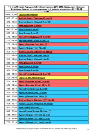 (c)sportdata GmbH & Co KG 2000-2017(2017-09-23 11:35) -WKF Approved- v 9.6.1 build 1 License:Minsk Karate Federation (expire 2020-06-12)
2 / 2
1-й этап Минской Городской Лиги Каратэ сезона 2017-2018 Ассоциации «Минская
Федерация Каратэ» по каратэ среди детей, кадетов и взрослых - 2017-09-24
Татами 2
09:45 - 10:00 Судейский брифинг
10:00 - 10:10 Фантом Кумитэ Девушки 6-7 лет (5)
10:10 - 10:30 Фантом Кумитэ Юноши 6-7 лет (7)
10:30 - 10:45 Ката Девушки 6-7 лет (6)
10:45 - 10:50 Ката Юноши 6 лет (2)
10:50 - 11:10 Ката Юноши 7 лет (5)
11:10 - 11:20 Иппон Кумитэ Девушки 6-7 лет (4)
11:20 - 11:30 Иппон Кумитэ Юноши 6-7 лет (6)
11:30 - 11:45 Кумитэ Девушки 7 лет Абс. (3)
11:45 - 12:25 Кумитэ Юноши 7 лет Абс. (8)
12:25 - 12:35 Фантом Кумитэ Девушки 8-9 лет (3)
12:35 - 12:45 Фантом Кумитэ Юноши 8 лет (5)
12:45 - 12:55 Фантом Кумитэ Юноши 9 лет (6)
12:55 - 13:10 Ката Девушки 8-9 лет (3)
13:10 - 13:30 Ката Юноши 8 лет (8)
13:30 - 13:50 Ката Юноши 9 лет (7)
13:50 - 14:00 Иппон Кумитэ Девушки 8-9 лет (3)
14:00 - 14:30 Перерыв для отдыха судей
14:30 - 14:50 Кумитэ Девушки 8-9 лет -30 кг (5)
14:50 - 14:55 Кумитэ Девушки 8-9 лет 30+ кг (2)
14:55 - 15:10 Иппон Кумитэ Юноши 8 лет (4)
15:10 - 15:40 Кумитэ Юноши 8 лет -28 кг (4)
15:40 - 16:00 Кумитэ Юноши 8 лет 28+ кг (5)
16:00 - 16:05 Фантом Кумитэ Девушки 10-11 лет (2)
16:05 - 16:15 Фантом Кумитэ Юноши 10-11 лет (6)
16:15 - 16:40 Ката Юноши 10-11 лет (7)
16:40 - 16:55 Иппон Кумитэ Юноши 10-11 лет (7)
16:55 - 17:25 Кумитэ Юноши 10-11 лет -32 кг (7)
17:25 - 17:50 Кумитэ Юноши 10-11 лет -37 кг (6)
17:50 - 18:15 Кумитэ Юноши 10-11 лет 42+ кг (5)
 