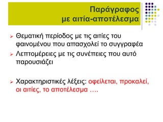 Παράγραφος
με αιτία-αποτέλεσμα
 Θεματική περίοδος με τις αιτίες του
φαινομένου που απασχολεί το συγγραφέα
 Λεπτομέρειες με τις συνέπειες που αυτό
παρουσιάζει
 Χαρακτηριστικές λέξεις: οφείλεται, προκαλεί,
οι αιτίες, το αποτέλεσμα ….
 