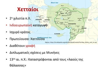 Χετταίοι
• 2η χιλιετία π.Χ.
• Ινδοευρωπαϊκή καταγωγή
• Ισχυρό κράτος
• Πρωτεύουσα: Χαττούσα
• Διαθέτουν γραφή
• Διπλωματικές σχέσεις με Μυκήνες
• 13ος αι. π.Χ.: Καταστρέφονται από τους «λαούς της
θάλασσας»
Χάρτης: https://el.wikipedia.org/wiki/Χετταίοι#/media/File:Map_Hittite_rule_en.svg
 