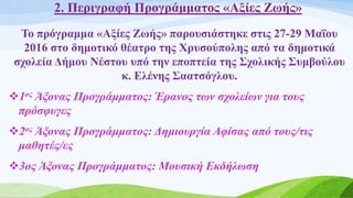 2. Περιγραφή Προγράμματος «Αξίες Ζωής»
Το πρόγραμμα «Αξίες Ζωής» παρουσιάστηκε στις 27-29 Μαΐου
2016 στο δημοτικό θέατρο της Χρυσούπολης από τα δημοτικά
σχολεία Δήμου Νέστου υπό την εποπτεία της Σχολικής Συμβούλου
κ. Ελένης Σαατσόγλου.
1ος Άξονας Προγράμματος: Έρανος των σχολείων για τους
πρόσφυγες
2ος Άξονας Προγράμματος: Δημιουργία Αφίσας από τους/τις
μαθητές/ες
3ος Άξονας Προγράμματος: Μουσική Εκδήλωση
 