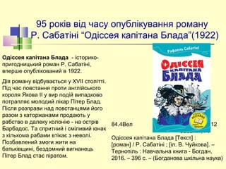 95 років від часу опублікування роману
Р. Сабатіні “Одіссея капітана Блада”(1922)
84.4Вел С12
Сабатіні, Р.
Одіссея капітана Блада [Текст] :
[роман] / Р. Сабатіні ; [іл. В. Чуйкова]. –
Тернопіль : Навчальна книга - Богдан,
2016. – 396 с. – (Богданова шкільна наука)
Одіссея капітана Блада - історико-
пригодницький роман Р. Сабатіні,
вперше опублікований в 1922.
Дія роману відбувається у XVII столітті.
Під час повстання проти англійського
короля Якова II у вир подій випадково
потрапляє молодий лікар Пітер Блад.
Після розправи над повстанцями його
разом з каторжанами продають у
рабство в далеку колонію - на острів
Барбадос. Та спритний і сміливий юнак
з кількома рабами втікає з неволі.
Позбавлений змоги жити на
батьківщині, бездомний вигнанець
Пітер Блад стає піратом.
 