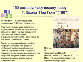 150 років від часу виходу твору
Г. Ібсена “Пер Гюнт” (1867)
84.4Нор  І-
16 Ібсен, Г.
Ляльковий дім [Текст] :
п‘єси / Г. Ібсен. – Х. : Фоліо, 2011. –
346с. – (Б-ка світової літератури:
Норвезька література)
«Пер Ґюнт» - п'єса норвезького
письменника Г. Ібсена. У п'яти діях.
"Пер Гюнт" знаменував остаточне
відмежування Ібсена від національної
романтики. Цей твір був сприйнятий
сучасниками як нещадний
антиромантичний випад і одночасно як
найтонша романтична поема.
Драма насичена глибокою поезією
природи та любові, яка зберігає
особливий національний колорит.
Ліричне багатство п'єси, її емоційна
принадність полягають, передусім, у тих
людських почуттях, які висловлені
автором із надзвичайною силою і
довершеністю.
 