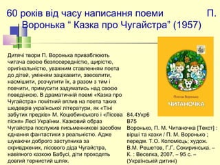 Дитячі твори П. Воронька приваблюють
читача своєю безпосередністю, щирістю,
оригінальністю, уважним ставленням поета
до дітей, умінням зацікавити, звеселити,
насмішити, розчулити їх, а разом з тим і
повчити, примусити задуматись над своєю
поведінкою. В драматичній поемі «Казка про
Чугайстра» помітний вплив на поета таких
шедеврів української літератури, як «Тіні
забутих предків» М. Коцюбинського і «Лісова
пісня» Лесі Українки. Казковий образ
Чугайстра послужив письменникові засобом
єднання фантастики з реальністю. Адже
шукаючи доброго заступника за
скривджених, лісового діда Чугайстра,
навіяного казкою Бабусі, діти проходять
довгий тернистий шлях.
60 років від часу написання поеми П.
Воронька “ Казка про Чугайстра” (1957)
84.4Укр6 
В75
Воронько, П. М. Читаночка [Текст] :
вірші та казки / П. М. Воронько ;
передм. Т.О. Коломієць; худож.
В.М. Решетов, Г.Г. Сокиринська. –
К. : Веселка, 2007. – 95 с. –
(Українській дитині)
 