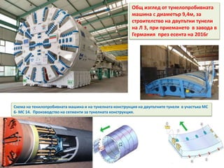 Общ изглед от тунелопробивната
машина с диаметър 9,4м, за
строителство на двупътни тунели
на Л 3, при приемането в завода в
Германия през есента на 2016г
Схема на тенилопробивната машина и на тунелната конструкция на двупътните тунели в участъка МС
6- МС 14. Производство на сегменти за тунелната конструкция.
 