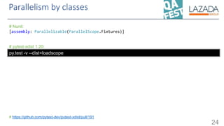 Parallelism by classes
24
# Nunit:
[assembly: Parallelizable(ParallelScope.Fixtures)]
# pytest-xdist 1.20:
# https://githu...