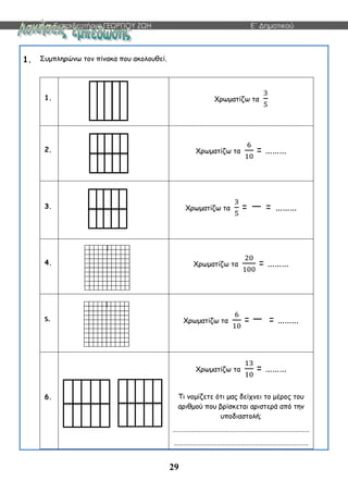 Εκπαιδευτήρια ΓΕΩΡΓΙΟΥ ΖΩΗ E΄ Δημοτικού
29
1. Συμπληρώνω τον πίνακα που ακολουθεί.
1. Χρωματίζω τα
3
5
2. Χρωματίζω τα
6
10
= ………
3. Χρωματίζω τα
3
5
= − = ………
4. Χρωματίζω τα
20
100
= ………
5. Χρωματίζω τα
6
10
= − = ………
6.
Χρωματίζω τα
13
10
= ………
Τι νομίζετε ότι μας δείχνει το μέρος του
αριθμού που βρίσκεται αριστερά από την
υποδιαστολή;
……………………………………………………………………………
………………………………………………………………………….
 