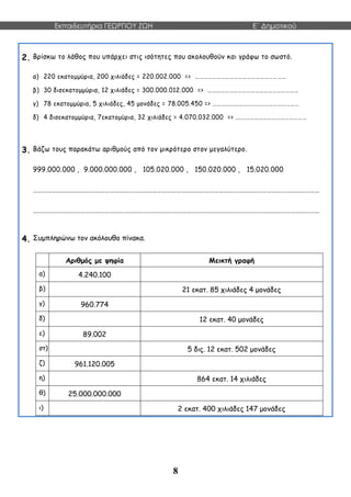 Εκπαιδευτήρια ΓΕΩΡΓΙΟΥ ΖΩΗ E΄ Δημοτικού
8
2. Βρίσκω το λάθος που υπάρχει στις ισότητες που ακολουθούν και γράφω το σωστό.
α) 220 εκατομμύρια, 200 χιλιάδες = 220.002.000 => ………………………………………………………
β) 30 δισεκατομμύρια, 12 χιλιάδες = 300.000.012.000 => ………………………………………………………
γ) 78 εκατομμύρια, 5 χιλιάδες, 45 μονάδες = 78.005.450 => ……………………………………………………
δ) 4 δισεκατομμύρια, 7εκατομύρια, 32 χιλιάδες = 4.070.032.000 => .…………………………………………
3. Βάζω τους παρακάτω αριθμούς από τον μικρότερο στον μεγαλύτερο.
999.000.000 , 9.000.000.000 , 105.020.000 , 150.020.000 , 15.020.000
………………………………………………………………………………………………………………………………………………………………
………………………………………………………………………………………………………………………………………………………………
4. Συμπληρώνω τον ακόλουθο πίνακα.
Αριθμός με ψηφία Μεικτή γραφή
α) 4.240.100
β) 21 εκατ. 85 χιλιάδες 4 μονάδες
γ) 960.774
δ) 12 εκατ. 40 μονάδες
ε) 89.002
στ) 5 δις. 12 εκατ. 502 μονάδες
ζ) 961.120.005
η) 864 εκατ. 14 χιλιάδες
θ) 25.000.000.000
ι) 2 εκατ. 400 χιλιάδες 147 μονάδες
 