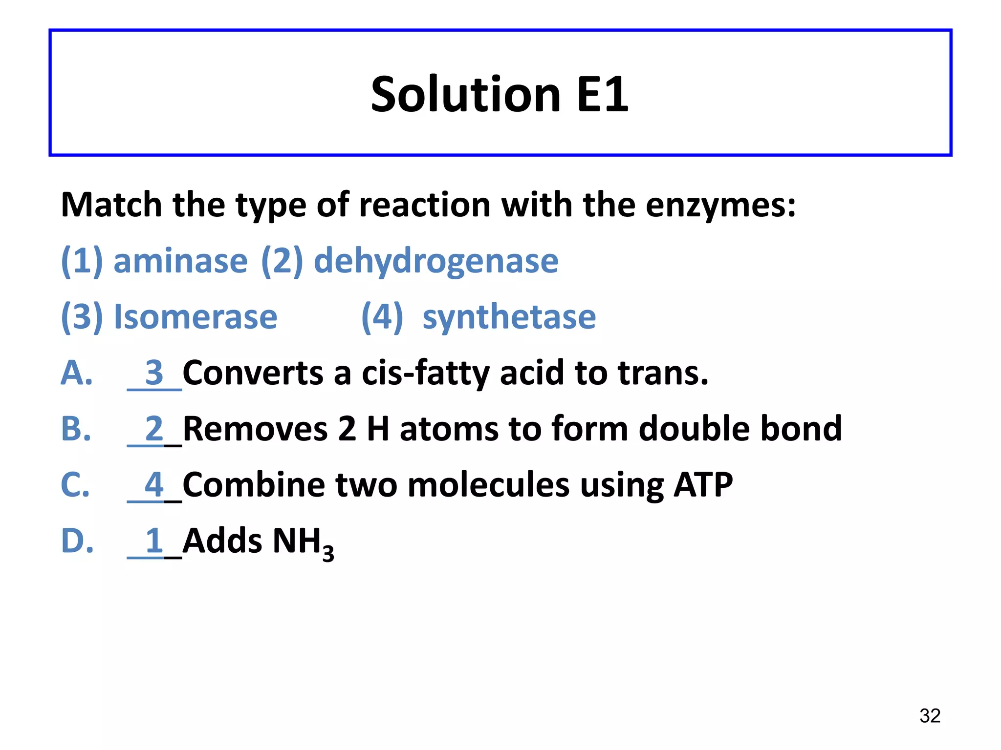 Solution E1
Match the type of reaction with the enzymes:
(1) aminase (2) dehydrogenase
(3) Isomerase (4) synthetase
A. 3 Converts a cis-fatty acid to trans.
B. 2 Removes 2 H atoms to form double bond
C. 4 Combine two molecules using ATP
D. 1 Adds NH3
32
 