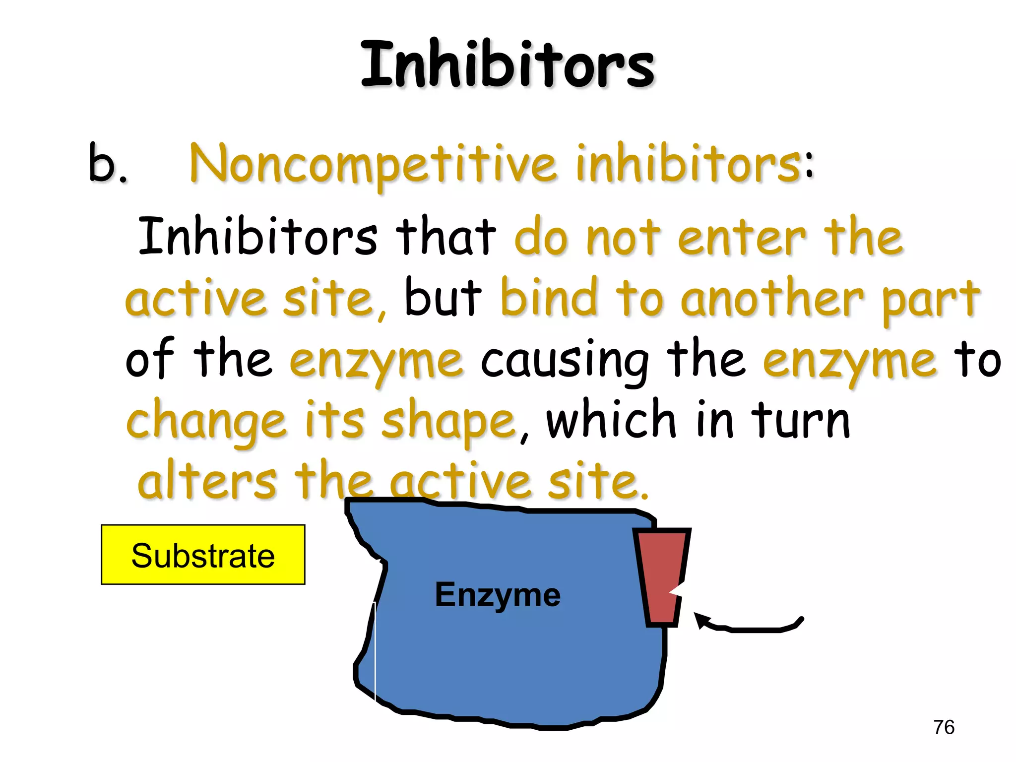 Inhibitors
76
b. Noncompetitive inhibitors:
Inhibitors that do not enter the
active site, but bind to another part
of the enzyme causing the enzyme to
change its shape, which in turn
alters the active site.
Enzyme
active site
altered
Noncompetitive
Inhibitor
Substrate
 