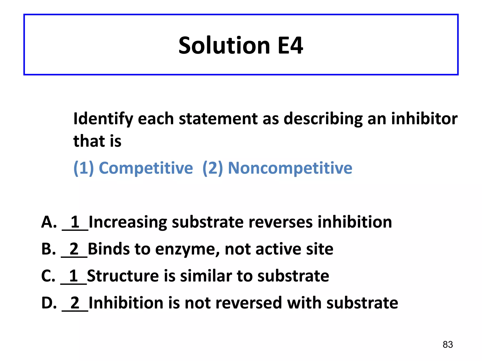 Solution E4
Identify each statement as describing an inhibitor
that is
(1) Competitive (2) Noncompetitive
A. 1 Increasing substrate reverses inhibition
B. 2 Binds to enzyme, not active site
C. 1 Structure is similar to substrate
D. 2 Inhibition is not reversed with substrate
83
 