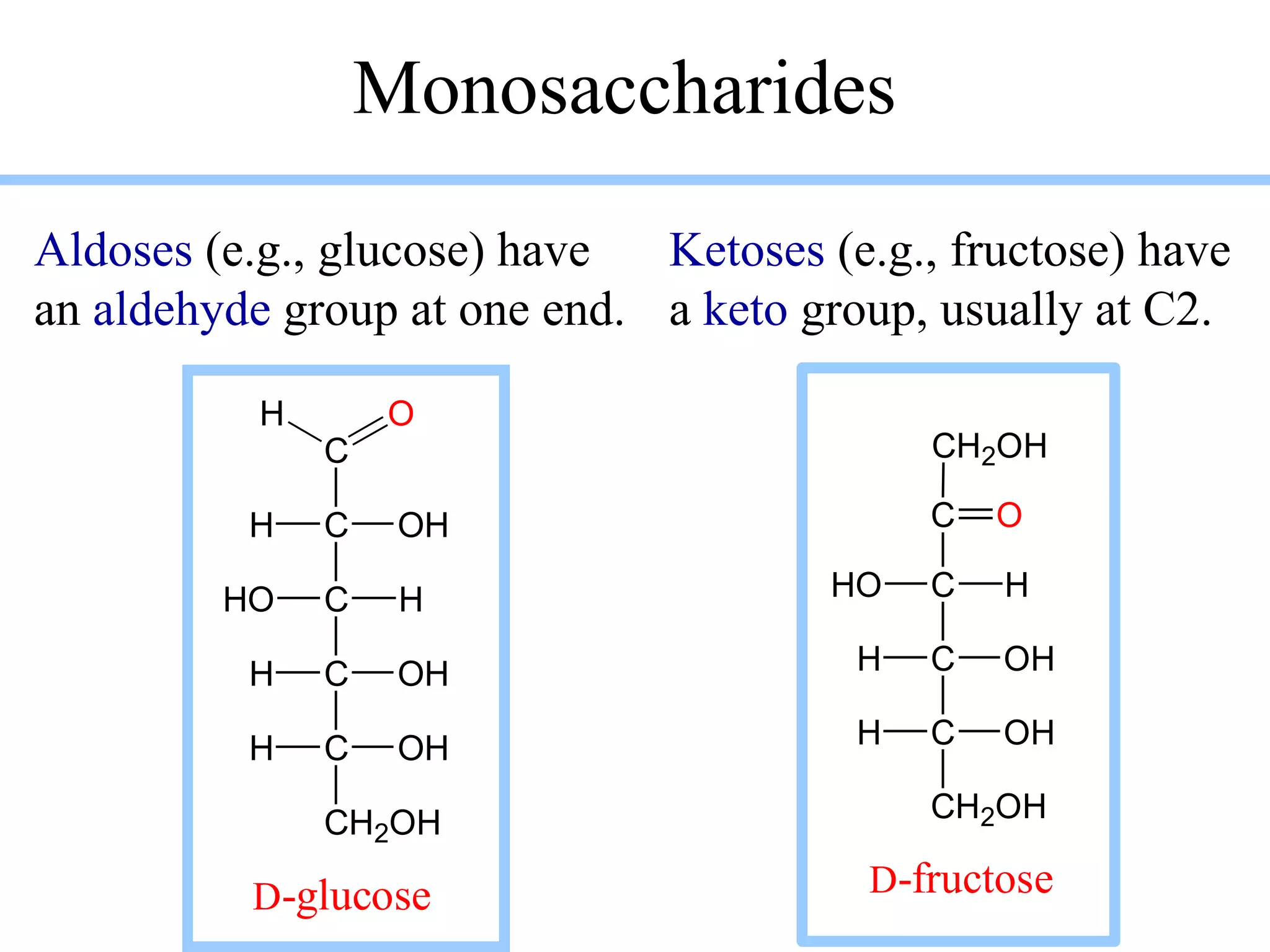 Monosaccharides
Aldoses (e.g., glucose) have
an aldehyde group at one end.
Ketoses (e.g., fructose) have
a keto group, usually at C2.
C
C OHH
C HHO
C OHH
C OHH
CH2OH
D-glucose
OH
C HHO
C OHH
C OHH
CH2OH
CH2OH
C O
D-fructose
 