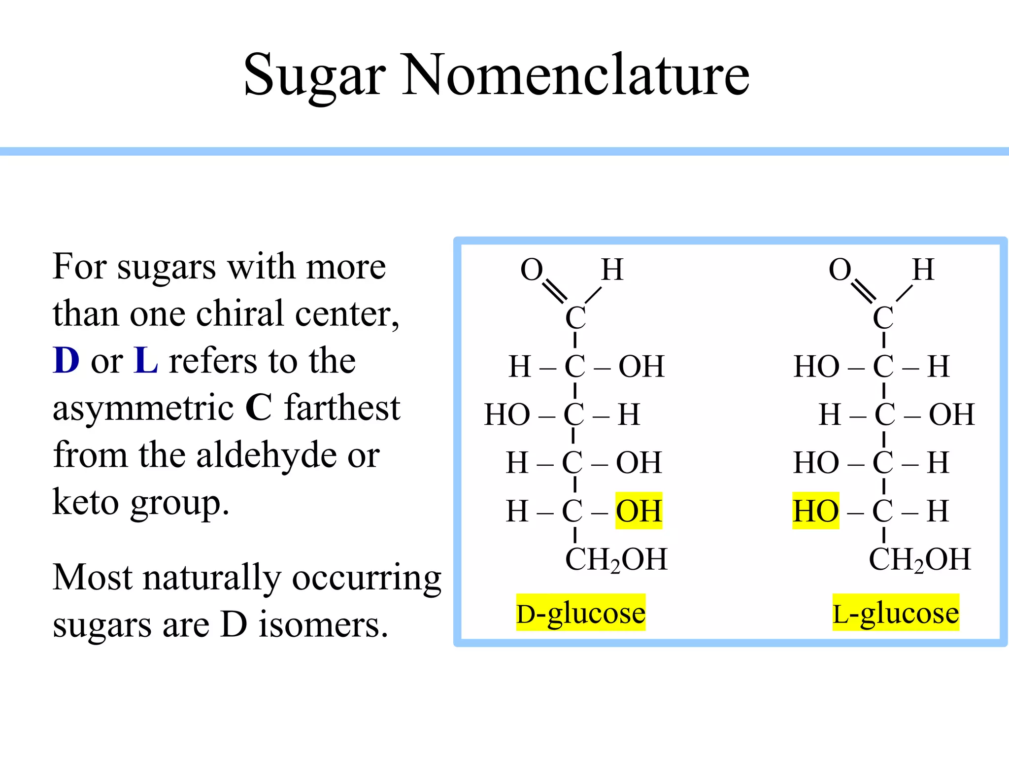 Sugar Nomenclature
For sugars with more
than one chiral center,
D or L refers to the
asymmetric C farthest
from the aldehyde or
keto group.
Most naturally occurring
sugars are D isomers.
O H O H
C C
H – C – OH HO – C – H
HO – C – H H – C – OH
H – C – OH HO – C – H
H – C – OH HO – C – H
CH2OH CH2OH
D-glucose L-glucose
 