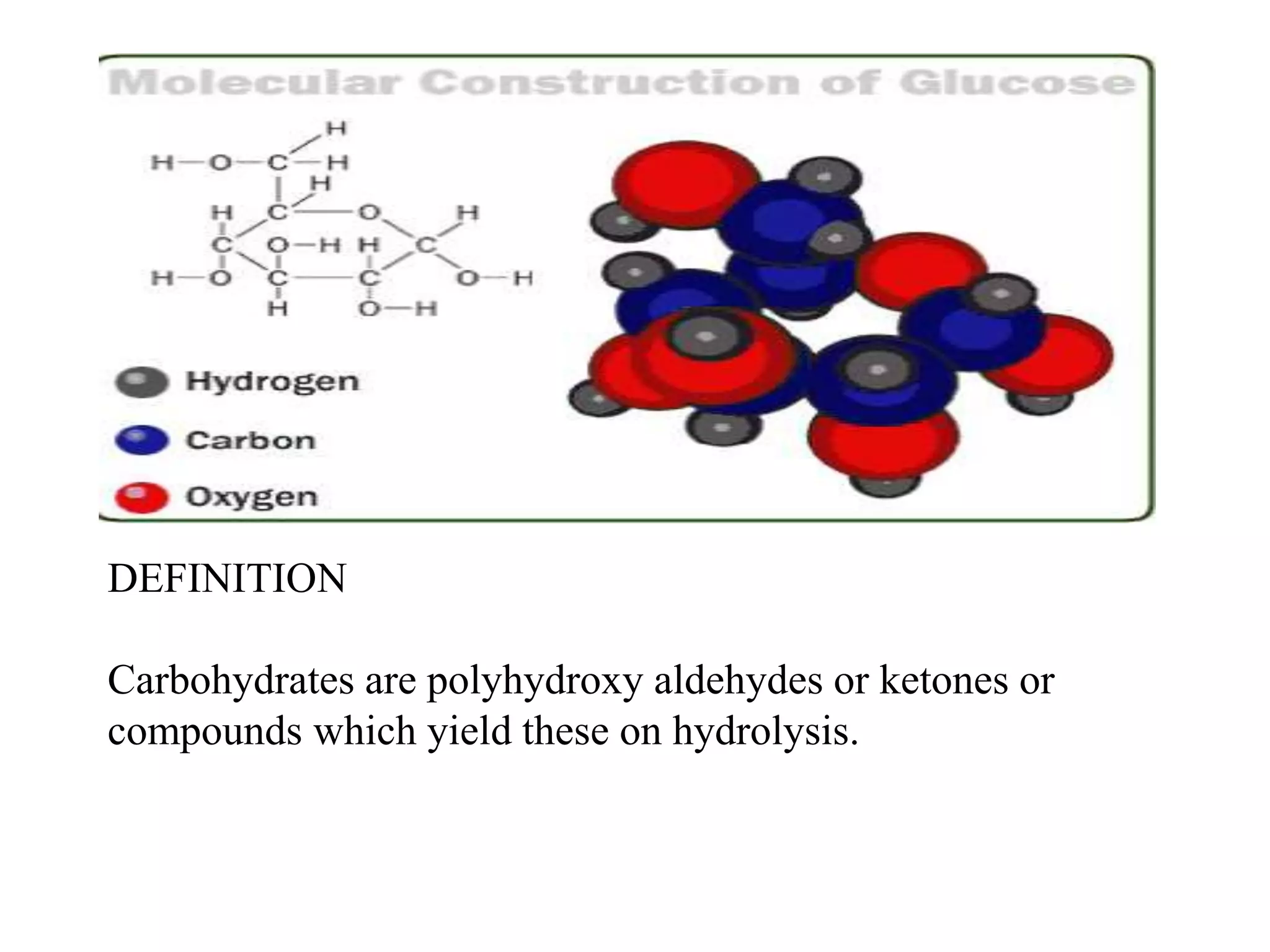 DEFINITION
Carbohydrates are polyhydroxy aldehydes or ketones or
compounds which yield these on hydrolysis.
 
