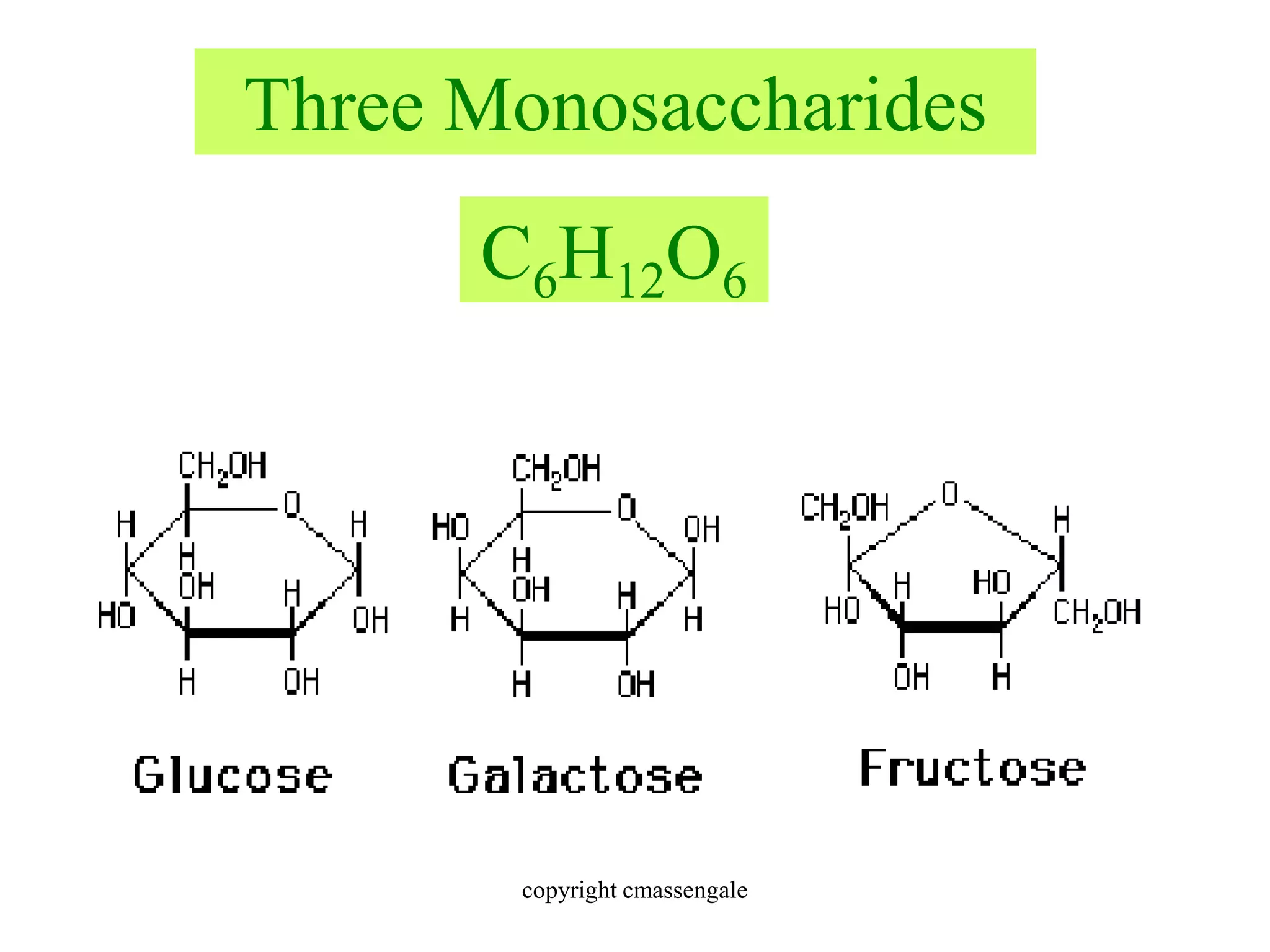 Three Monosaccharides
C6H12O6
copyright cmassengale
 