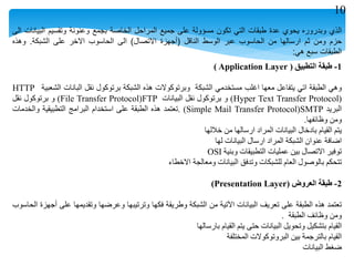 ‫الذي‬‫وبدروره‬‫يحوي‬‫عدة‬‫طبقات‬‫التي‬‫تكون‬‫مسؤولة‬‫على‬‫جميع‬‫المراحل‬‫الخاصة‬‫بجمع‬‫وعنونة‬‫وتقسيم‬‫البيانات‬‫الى‬
‫حزم‬‫ومن‬‫ثم‬‫ارسالها‬‫من‬‫الحاسوب‬‫عبر‬‫الوسط‬‫الناقل‬(‫أجهزة‬‫االتصال‬)‫الى‬‫الحاسوب‬‫االخر‬‫على‬‫الشبكة‬.‫وهذه‬
‫الطبقات‬‫سبع‬‫هي‬:
1-‫طبقة‬‫التطبيق‬(Application Layer)
‫وهي‬‫الطبقة‬‫اتي‬‫يتفاعل‬‫معها‬‫اغلب‬‫مستخدمي‬‫الشبكة‬‫وبرتوكوالت‬‫هذه‬‫الشبكة‬‫برتوكول‬‫نقل‬‫البانات‬‫الشعبية‬HTTP
(Hyper Text Transfer Protocol)‫و‬‫برتوكول‬‫نقل‬‫البيانات‬FTP(File Transfer Protocol)‫و‬‫برتوكول‬‫نقل‬
‫البريد‬SMTP(Simple Mail Transfer Protocol).‫تعتمد‬‫هذه‬‫الطبقة‬‫على‬‫استخدام‬‫البرامج‬‫التطبيقية‬‫والخدمات‬
‫ومن‬‫وظائفها‬.
‫يتم‬‫القيام‬‫بادخال‬‫البيانات‬‫المراد‬‫ارسالها‬‫من‬‫خاللها‬
‫اضافة‬‫عنوان‬‫الشبكة‬‫المراد‬‫ارسال‬‫البيانات‬‫لها‬
‫توفير‬‫االتصال‬‫بين‬‫عمليات‬‫التطبيقات‬‫وبنية‬OSI
‫تتحكم‬‫بالوصول‬‫العام‬‫للشبكات‬‫وتدفق‬‫البيانات‬‫ومعالجة‬‫االخطاء‬
2-‫طبقة‬‫العروض‬(Presentation Layer)
‫تعتمد‬‫هذه‬‫الطبقة‬‫على‬‫تعريف‬‫البيانات‬‫اآلتية‬‫من‬‫الشبكة‬‫وطريقة‬‫فكها‬‫وترتيبها‬‫وعرضها‬‫وتقديمها‬‫على‬‫أجهزة‬‫الحاسوب‬
‫ومن‬‫وظائف‬‫الطبقة‬.
‫القيام‬‫بتشكيل‬‫وتحويل‬‫البيانات‬‫حتى‬‫يتم‬‫القيام‬‫بارسالها‬
‫القيام‬‫بالترجمة‬‫بين‬‫البروتوكوالت‬‫المختلفة‬
‫ضغط‬‫البيانات‬
10
 