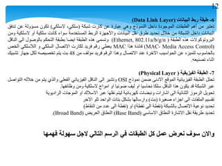 6-‫طبقة‬‫ربط‬‫البيانات‬(Data Link Layer)
‫تعتبر‬‫من‬‫أهم‬‫الطبقات‬‫الموجودة‬‫داخل‬‫النموذج‬‫وهي‬‫عبارة‬‫عن‬‫كارت‬‫شبكة‬(،‫سلكي‬‫السلكي‬)‫تكون‬‫مسؤولة‬‫عن‬‫تدفق‬
‫البيانات‬‫داخل‬‫الشبكة‬‫من‬‫خالل‬‫تحديد‬‫طرق‬‫نقل‬‫البيانات‬‫واألجهزة‬‫الربط‬‫المستخدمة‬‫سواء‬‫كانت‬‫سلكية‬‫او‬‫السلكية‬‫ومن‬
‫البروتوكوالت‬‫هذه‬‫الطبقة‬(Ethernet, 802.11a/b/g/n)‫وتسمى‬‫هذه‬‫الطبقة‬‫ايضا‬‫بطبقة‬‫التحكم‬‫بالوصول‬‫الى‬‫الناقل‬
(MAC- Media Access Control)‫فائدة‬‫هذا‬MAC‫يعطي‬‫رقم‬‫فريد‬‫لكارت‬‫االتصال‬‫السلكي‬‫و‬‫الالسلكي‬‫الخص‬
‫بالحاسوب‬‫لتميزه‬‫عن‬‫الحواسيب‬‫االخرة‬‫عند‬‫االتصال‬‫وهذا‬‫الرقم‬‫فريد‬‫مؤلف‬‫من‬48‫بت‬‫يتم‬‫تخصيصه‬‫لكل‬‫جهاز‬‫تشبيك‬
‫اثناء‬‫تصنيعه‬.
7-‫الطبقة‬‫الفيزيقية‬(Physical Layer)
‫تحتل‬‫الطبقة‬‫الفيزيائية‬‫الموقع‬‫االدنى‬‫ضمن‬‫نموذج‬OSI‫وتشير‬‫الى‬‫الناقل‬‫الفيزيائي‬‫الفعلي‬‫والذي‬‫يتم‬‫من‬‫خالله‬‫التواصل‬
‫عبر‬‫الشبكة‬‫قد‬‫يكون‬‫هذا‬‫الناقل‬‫سلكا‬‫نحاسيا‬‫او‬‫ليف‬‫ضوئيا‬‫او‬‫امواج‬‫السلكية‬‫ومن‬‫وظائفها‬.
‫تحويل‬‫الرموز‬‫الثنائية‬‫الى‬‫اشارات‬‫ونبضات‬‫كهربائية‬‫ليتم‬‫نقلها‬‫عبر‬‫االسالك‬‫او‬‫الموجات‬‫الراديوية‬
‫تقسيم‬‫الملفات‬‫الى‬‫اجزاء‬‫صغيرة‬(‫بت‬)‫وارسالها‬‫بشكل‬‫بتات‬‫الواحد‬‫تلو‬‫االخر‬
‫تحديد‬‫نوعية‬‫االتصال‬‫بالشبكة‬(‫نقطة‬‫الى‬‫نقطة‬)‫او‬(‫نقطة‬‫الى‬‫عدد‬‫من‬‫النقاط‬)
‫تحديد‬‫طريقة‬‫نقل‬‫االشارة‬‫النطاق‬‫االساسي‬(Base Band)‫النطاق‬‫العريض‬(Broad Band).
‫واالن‬‫سوف‬‫نعرض‬‫عمل‬‫كل‬‫الطبقات‬‫في‬‫الرسم‬‫التالي‬‫الجل‬‫سهولة‬‫فهمها‬
12
 