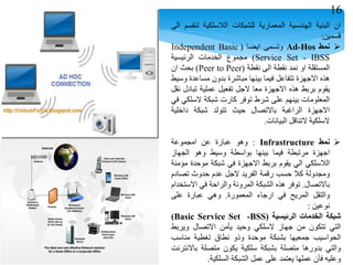 ‫ان‬‫البنية‬‫الهندسية‬‫المعمارية‬‫للشبكات‬‫الالسلكية‬‫تنقسم‬‫الى‬
‫قسمين‬:
‫نمط‬Ad-Hos‫وتسمى‬‫ايضا‬(Independent Basic
Service Set - IBSS)‫مجموع‬‫الخدمات‬‫الرئيسية‬
‫المستقلة‬‫او‬‫نمد‬‫نقطة‬‫الى‬‫نقطة‬(Peer to Peer)‫بحث‬‫ان‬
‫هذه‬‫االجهزة‬‫تتفاعل‬‫فيما‬‫بينها‬‫مباشرة‬‫بدون‬‫مساعدة‬‫وسيط‬
‫يقوم‬‫بربط‬‫هذه‬‫االجهزة‬‫معا‬‫الجل‬‫تفعيل‬‫عملية‬‫تبادل‬‫نقل‬
‫المعلومات‬‫بينهم‬‫على‬‫شرط‬‫توفر‬‫كارت‬‫شبكة‬‫السلكي‬‫في‬
‫االجهزة‬‫الراغبة‬‫باالتصال‬‫حيث‬‫تتولد‬‫شبكة‬‫داخلية‬
‫السلكية‬‫التناقل‬‫البيانات‬.
‫نمط‬Infrastructure:‫وهو‬‫عبارة‬‫عن‬‫امجموعة‬
‫اجهزة‬‫مرتبطة‬‫فيما‬‫بينها‬‫بواسطة‬‫وسيط‬‫وهو‬‫الجهاز‬
‫الالسلكي‬‫الي‬‫يقوم‬‫بربط‬‫االجهزة‬‫في‬‫شبكة‬‫موحدة‬‫مؤمنة‬
‫ومجدولة‬‫كال‬‫حسب‬‫رقمة‬‫الفريد‬‫الجل‬‫عدم‬‫حدوث‬‫تصادم‬
‫باالتصال‬.‫توفر‬‫هذه‬‫الشبكة‬‫المرونة‬‫والراحة‬‫في‬‫االستخدام‬
‫والتقل‬‫المريح‬‫في‬‫ارجاء‬‫المعمورة‬.‫وهي‬‫عبارة‬‫على‬
‫نوعين‬:
‫شبكة‬‫الخدمات‬‫الرئيسية‬(BSS-Basic Service Set)
‫التي‬‫تتكون‬‫من‬‫جهاز‬‫السلكي‬‫وحيد‬‫يأمن‬‫االتصال‬‫ويربط‬
‫الحواسيب‬‫جمعيها‬‫بشبكة‬‫موحدة‬‫وذو‬‫نطاق‬‫تغطية‬‫مناسب‬
‫والتي‬‫بدورها‬‫متصلة‬‫بشبكة‬‫سلكية‬‫يكون‬‫متصلة‬‫باالنترنت‬
‫وعليه‬‫فأن‬‫عملها‬‫يعتمد‬‫على‬‫عمل‬‫الشبكة‬‫السلكية‬.
16
 