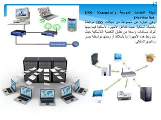 ‫شبكة‬‫الخدمات‬‫الموسعة‬(ESS- Extended
Service Set)
‫وهي‬‫عبارة‬‫عن‬‫مجموعة‬‫من‬‫شبكات‬BSS‫مرتبطة‬
‫بالشبكة‬‫السلكية‬,‫حيث‬‫تتفاعل‬‫االجهزة‬‫االسلكية‬‫فيما‬‫بينها‬
‫لتولد‬‫مساحات‬‫واسعة‬‫من‬‫نطاق‬‫التغطية‬‫الالسلكية‬‫حيث‬
‫يتم‬‫ربط‬‫هذه‬‫االجهزة‬‫اما‬‫بأسالك‬‫أو‬‫ربطها‬‫بواسطة‬‫جسر‬
‫ردايوي‬‫السلكي‬.
17
 