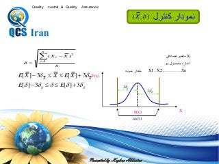 Presented by : Keyhan Abbasian
Quality control & Quality Assurance
X‫تصادفي‬ ‫متغير‬
‫محصول‬ ‫اندازه‬n
‫نمونه‬ ‫مقدار‬ X1 , X2 ,…………Xn
 

3][3][
3][3][


EE
XEXXE XX
n
XX
n
i
i

 1
2
)(

F(x)
E(x) X
.00273
3
3
‫كنترل‬ ‫نمودار‬),( X
 