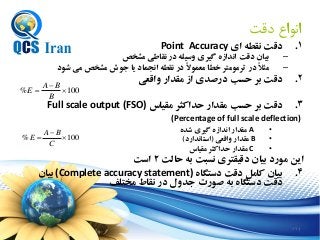 164
‫دقت‬ ‫انواع‬
.1‫ای‬ ‫نقطه‬ ‫دقت‬Point Accuracy
–‫مشخص‬ ‫نقاطی‬ ‫در‬ ‫وسیله‬ ‫گیری‬ ‫اندازه‬ ‫دقت‬ ‫بیان‬
–‫شود‬ ‫می‬ ‫مشخص‬ ‫جوش‬ ‫یا‬ ‫انجماد‬ ‫نقطه‬ ‫در‬ ً‫ال‬‫معمو‬ ‫خطا‬ ‫ترمومتر‬ ‫در‬ ً‫ال‬‫مث‬
.2‫واقعی‬ ‫مقدار‬ ‫از‬ ‫درصدی‬ ‫حسب‬ ‫بر‬ ‫دقت‬
.3‫مقیاس‬ ‫حداکثر‬ ‫مقدار‬ ‫حسب‬ ‫بر‬ ‫دقت‬Full scale output (FSO)
(Percentage of full scale deflection)
•A‫شده‬ ‫گیری‬ ‫اندازه‬ ‫مقدار‬
•B‫واقعی‬ ‫مقدار‬(‫استاندارد‬)
•C‫مقیاس‬ ‫حداکثر‬ ‫مقدار‬
‫حالت‬ ‫به‬ ‫نسبت‬ ‫دقیقتری‬ ‫بیان‬ ‫مورد‬ ‫این‬2‫است‬
.4‫دستگاه‬ ‫دقت‬ ‫کامل‬ ‫بیان‬(Complete accuracy statement)‫بیان‬
‫مختلف‬ ‫نقاط‬ ‫در‬ ‫جدول‬ ‫صورت‬ ‫به‬ ‫دستگاه‬ ‫دقت‬
100% 


B
BA
E
100% 


C
BA
E
 