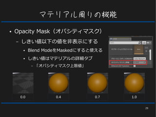 29
マテリアル周りの機能
● Opacity Mask（オパシティマスク）
– しきい値以下の値を非表示にする
● Blend ModeをMaskedにすると使える
● しきい値はマテリアルの詳細タブ
– 「オパシティマスク上限値」
0.0 0.4 0.7 1.0
 