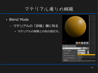 32
マテリアル周りの機能
● Blend Mode
– マテリアルの「詳細」欄に有る
● マテリアルの背景との色の混ぜ方。
 