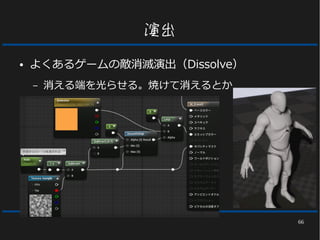 66
演出
● よくあるゲームの敵消滅演出（Dissolve）
– 消える端を光らせる。焼けて消えるとか
 