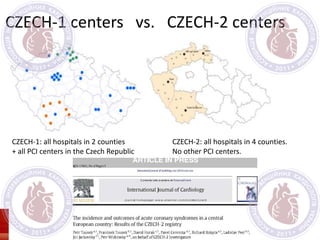 CZECH-1 centers vs. CZECH-2 centers
CZECH-1: all hospitals in 2 counties
+ all PCI centers in the Czech Republic
CZECH-2: all hospitals in 4 counties.
No other PCI centers.
 