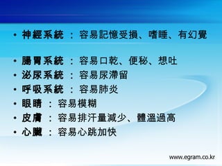 • 神經系統 : 容易記憶受損、嗜睡、有幻覺
 
• 腸胃系統 : 容易口乾、便秘、想吐
• 泌尿系統 : 容易尿滯留
• 呼吸系統 : 容易肺炎
• 眼睛 : 容易模糊
• 皮膚 : 容易排汗量減少、體溫過高
• 心臟 : 容易心跳加快
 