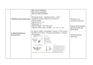 3.Мимикалық гимнастика.
4. Артикуляциялық
жаттығулар.
Мен әдемі сөйлеймін,
Мен нақты сөйлеймін,
Мен асықпай сөйлеймін.
-Көзімізді ашып – жұмамыз (қатты – жай);
-Ернімізді түтікше тәрізді алға созамыз;
-Ұртын үрлеу.
-Ернін созу"у", "о"
-Жымияды " и"
-Қасынкөтеру "Ой" (таң қалу)
-Дем алу және тыныс шығару: са – со – су - сы.
а) «Күлу», «Ине», «Әткеншек», «Кесе», «Тәтті тосап»-
жоғарғы тісті жалау, «Тістердітазалаймыз», «Аттар»,
«Сылақшы».
Ойлауын, есте
сақтауын дамытады.
Оқушылар мұғалімнің
айтқанын қайталап,
орындайды.
Артикуляциясын
дамытады.
 