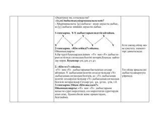 -Әңдетіледі ме, созылады ма?
-Ал,екі дыбыстың айырмашылығынеде?
- Айырмашылығы [ұ] дыбысы – жуан дауысты дыбыс,
ал [ү] дыбысы-жіңішке дауысты дыбыс.
1-тапсырма. Ұ-Ү дыбыстарынәндетіп айтайық.
Ү Ү Ұ
Ұ Ұ Ұ Ү
2-тапсырма. «Кім зейінді?»ойыны.
Ойынныңшарты:
1.Әр түрлі буындардыңішінен «Ү» мен «Ұ» дыбыста-
рын естігенде сигналдықбелгіні көтеріп,буынды қайта-
лау керек. Буындар: үш, ұш, үз, ұз.
2. «Кім тез?» ойыны.
«Ү» мен «Ұ» дыбыстарынанбасталатын сөздер
айтамын. Ұ дыбысынанкелетін сөздіестісеңдер «Ұ»
дыбысыныңсигналдықбелгісін, ал «Ү» дыбысынан
келетін сөздердіестісеңдер «Ү» дыбысыныңсигналдық
белгісін көтересіңдер.Сөздер:үкі, ұя, ұстаз, үтік, т.б.
3-тапсырма. Ойын «Кім жылдам?»
Ойынның шарты: «Ү» мен «Ұ» дыбыстарына
қатысты сурет көрсетіледі, сол көрсетілген суреттердің
атын атап, буынға бөліп және орнынтауып,
белгілейміз.
Есте сақтау,ойлау жә-
не елестету элемент-
тері дамытылады.
Тез ойлау арқылы екі
дыбысты ажыратуға
үйренеді.
 