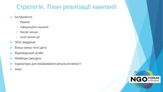 Стратегія. План реалізації кампанії
 Інструменти
 Правові
 Інформаційні кампанії
 Масові заходи
 Акції прямої дії
 Чіткі завдання
 Більш-менш чіткі дати
 Відповідальні особи
 Необхідні ресурси.
 Індикатори для вимірювання результативності
 інше
 