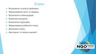 Етапи
 Визначення та аналіз проблеми;
 Формулювання мети та завдань;
 Визначення стейкхолдерів
 Виявлення ресурсів;
 Визначення партнерів;
 Формулювання робочого плану;
 Виконання плану;
 Моніторинг та оцінка кампанії
 