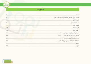 77
‫احملتويات‬
‫مقدمة‬...............................................................................................................................................6
‫أهداف‬‫نامج‬‫ر‬‫ب‬‫خصائص‬‫الطلبة‬‫و‬‫من‬‫يف‬‫احل‬‫ر‬‫م‬‫التعليم‬‫العام‬..................................................................................................8
‫الفصل‬‫األول‬.........................................................................................................................................9
‫مصطلحات‬‫الدليل‬..................................................................................................................................11
‫جماالت‬‫النمو‬.......................................................................................................................................11
‫أمهية‬‫اسة‬‫ر‬‫د‬‫النمو‬....................................................................................................................................13
‫الثاين‬ ‫الفصل‬......................................................................................................................................14
‫خصائص‬‫النمو‬‫للمرحلة‬‫ية‬‫ر‬‫العم‬‫من‬(6‫ـ‬9).........................................................................................................11
‫خصائص‬‫النمو‬‫للمرحلة‬‫ية‬‫ر‬‫العم‬‫من‬(9‫ـ‬12)........................................................................................................32
‫حاجات‬‫املرحلة‬‫ية‬‫ر‬‫العم‬‫من‬‫سن‬(6‫ـ‬12).............................................................................................................46
‫مشكالت‬‫املرحلة‬‫ية‬‫ر‬‫العم‬‫من‬‫سن‬(6‫ـ‬12).........................................................................................................14
‫املالحق‬...........................................................................................................................................61
‫اجع‬‫ر‬‫امل‬............................................................................................................................................96
 