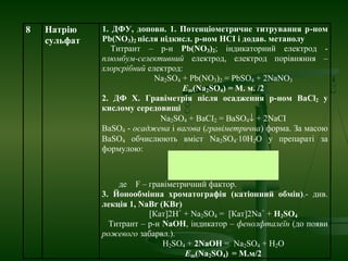 8 Натрію
сульфат
1. ДФУ, доповн. 1. Потенціометричне титрування р-ном
Pb(NO3)2 після підкисл. р-ном НСІ і додав. метанолу
Титрант – р-н Pb(NO3)2; індикаторний електрод -
плюмбум-селективний електрод, електрод порівняння –
хлорсрібний електрод:
Na2SO4 + Pb(NO3)2 = PbSO4 + 2NaNO3
Em(Na2SO4) = М. м. /2
2. ДФ Х. Гравіметрія після осадження р-ном ВаCl2 у
кислому середовищі
Na2SO4 + ВаСІ2 = ВаSO4↓ + 2NaСІ
BaSO4 - осаджена і вагова (гравіметрична) форма. За масою
BaSO4 обчислюють вміст Na2SO4⋅10H2O у препараті за
формулою:
де F – гравіметричний фактор.
3. Йонообмінна хроматографія (катіонний обмін).- див.
лекція 1, NaBr (KBr)
[Кат]2H+
+ Na2SO4 = [Кат]2Na+
+ H2SO4
Титрант – р-н NaOH, індикатор – фенолфталеїн (до появи
рожевого забарвл.).
H2SO4 + 2NaOH = Na2SO4 + H2O
Еm(Na2SO4) = М.м/2
 