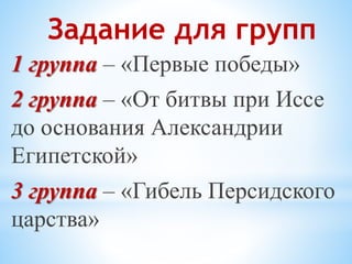 Задание для групп
1 группа – «Первые победы»
2 группа – «От битвы при Иссе
до основания Александрии
Египетской»
3 группа – «Гибель Персидского
царства»
 